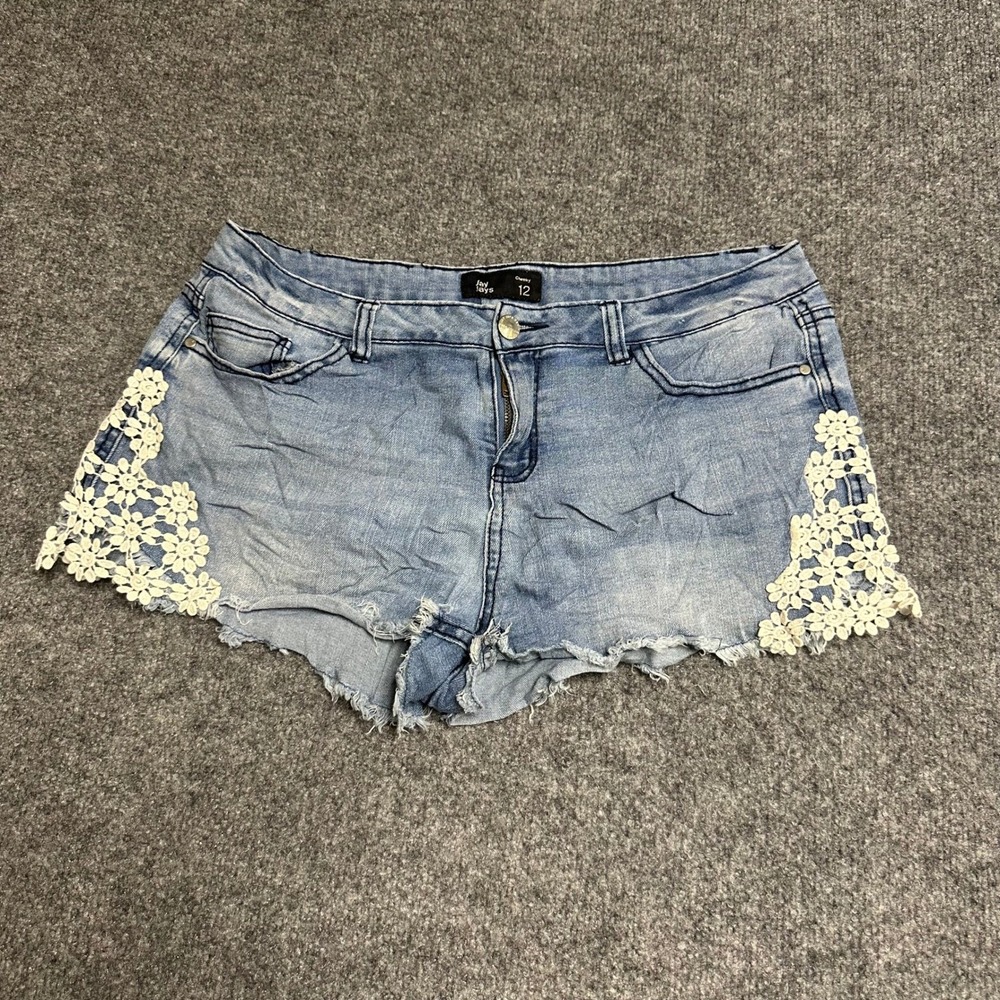 Jay Jays Shorts Womens Size 12 Blue Denim Floral Lace Cheeky Raw Hem Good